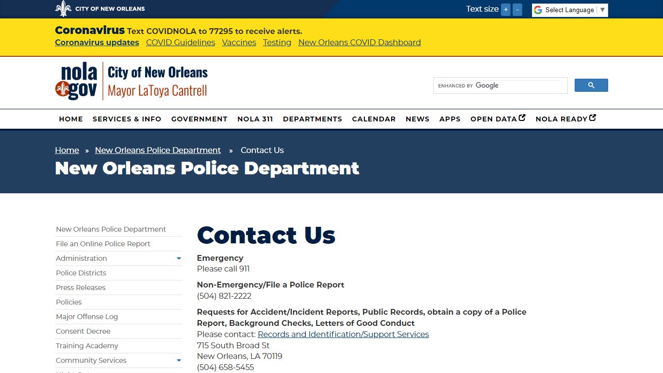 NOPD - Contact Us - City of New Orleans